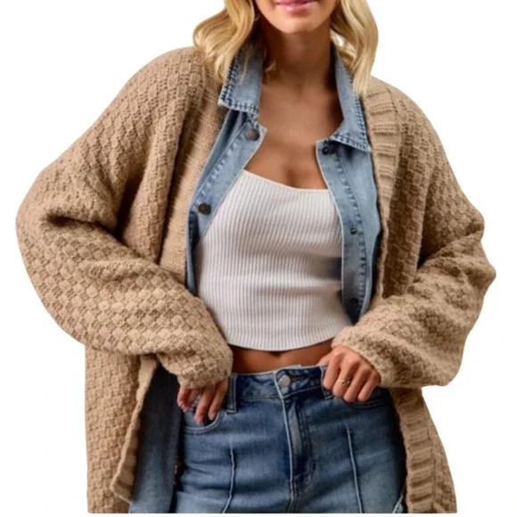 BIBI NWT SZ LGE Denim Trucker Cardigan Sweater Combo Tan Knit Oversized Layering - Picture 2 of 16